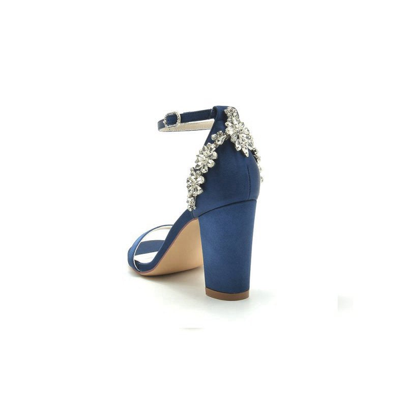 Satin Chunky Heels with Rhinestone