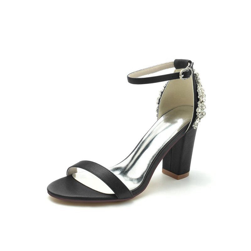 Satin Chunky Heels with Rhinestone