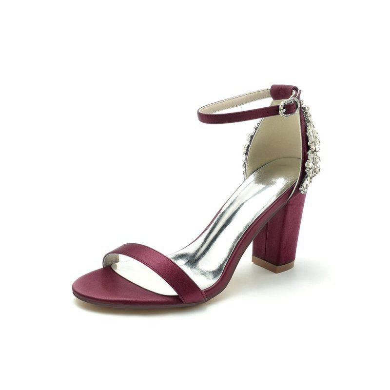Satin Chunky Heels with Rhinestone