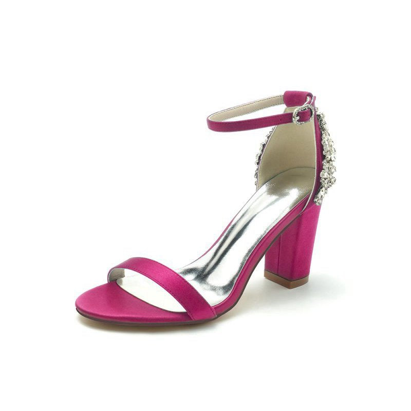 Satin Chunky Heels with Rhinestone