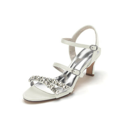 Open Toe Chunky Heels with Rhinestone