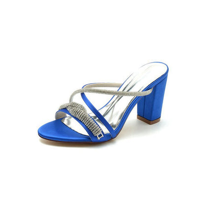 Open Toe Block Heels with Rhinestone