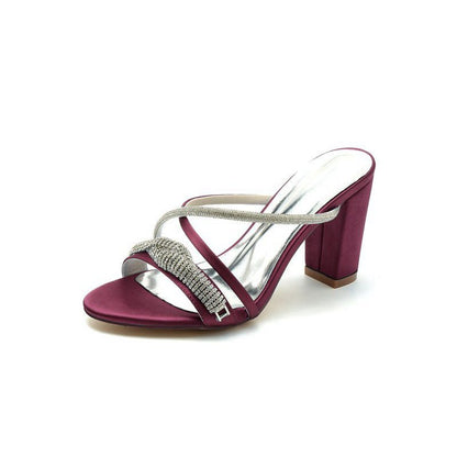 Open Toe Block Heels with Rhinestone