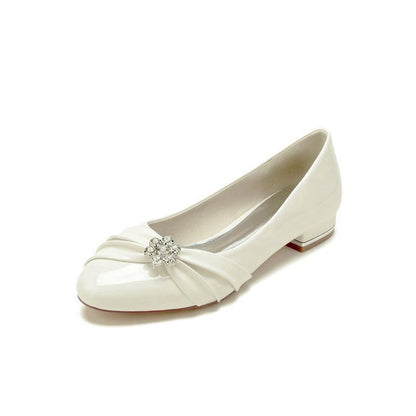 Pointed Toe Slip-on Patent Leather Low Heels With Rhinestone