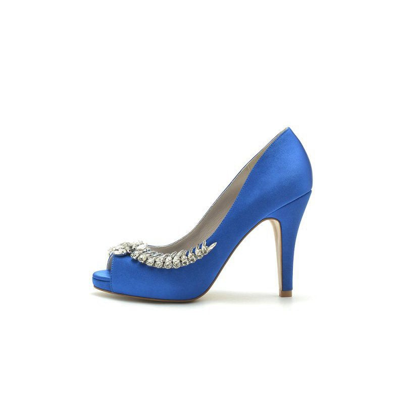 Satin Peep Toe Slip-on Rhinestone High Heels