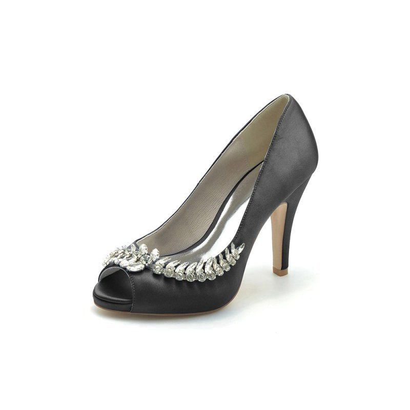 Satin Peep Toe Slip-on Rhinestone High Heels