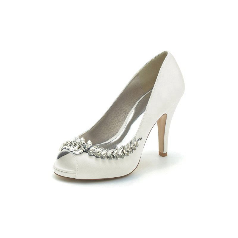 Satin Peep Toe Slip-on Rhinestone High Heels