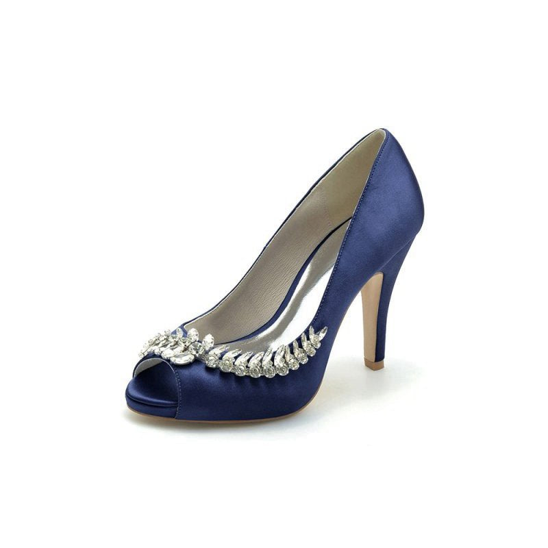 Satin Peep Toe Slip-on Rhinestone High Heels