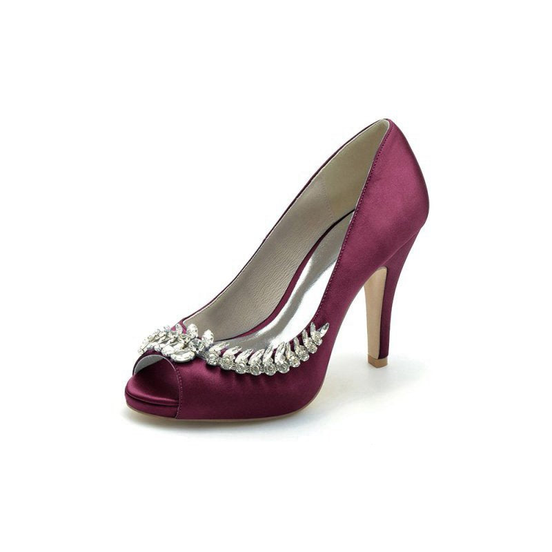 Satin Peep Toe Slip-on Rhinestone High Heels