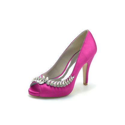 Satin Peep Toe Slip-on Rhinestone High Heels