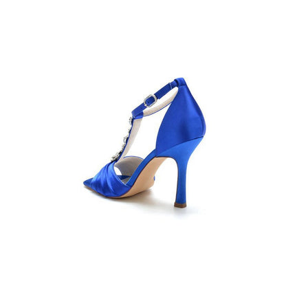 Square Open Toe Ankle Strap Satin Stiletto Heels With Rhinestone Strappy