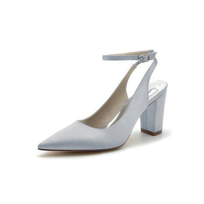 Satin Pointed Toe Ankle Strap Chunky Heels