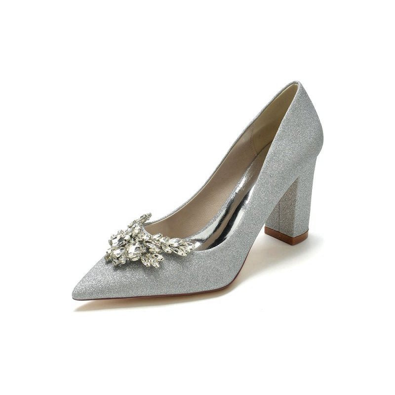Sparkle Pointed Toe Glitter Chunky Heels With Rhinestone