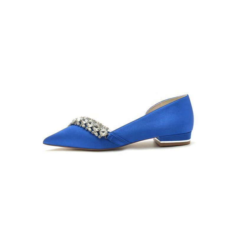 Pointed Toe Slip-on Satin Low Heels With Rhinestone