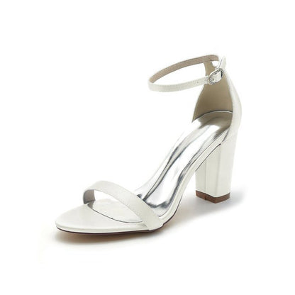 Satin Open Toe Ankle Strap Chunky Heels