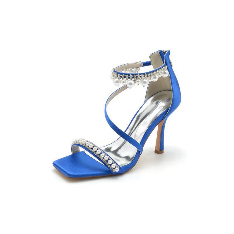 Square Open Toe Pearl Satin Stiletto Heels