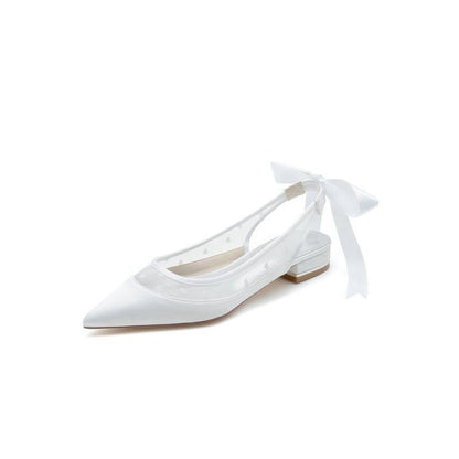 Satin Pointed Toe Mesh Low Heels With Bow