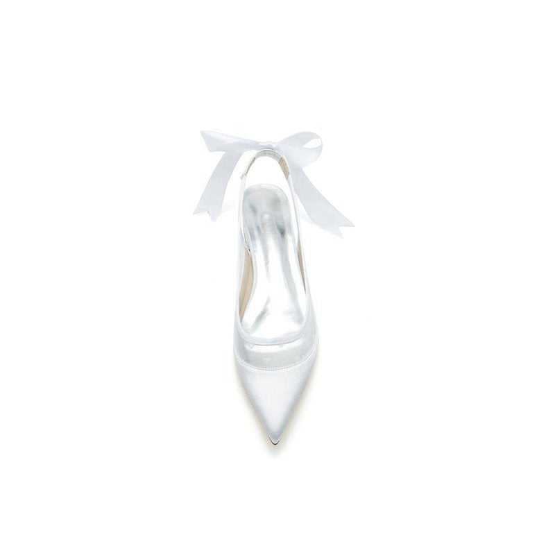 Satin Pointed Toe Mesh Low Heels With Bow