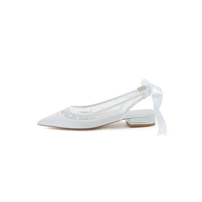 Satin Pointed Toe Mesh Low Heels With Bow
