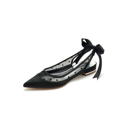 Satin Pointed Toe Mesh Low Heels With Bow