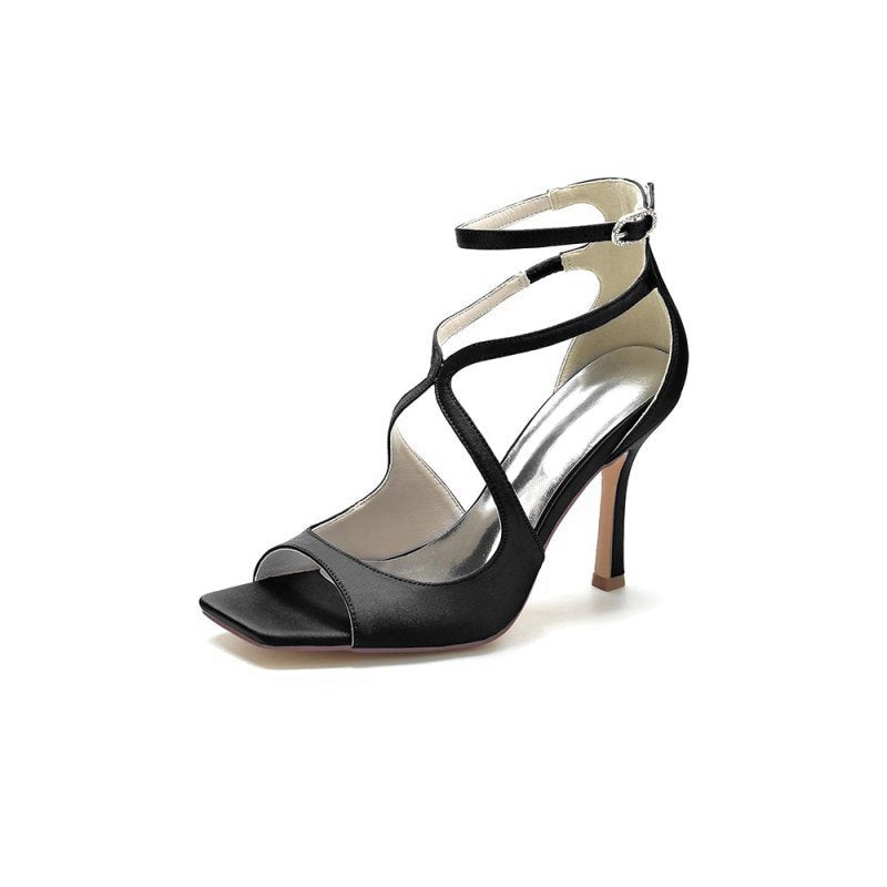 Square Open Toe Hollow Out Satin Stiletto Heels