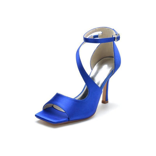 Simple Square Open Toe Ankle Strap Satin Prom Shoes