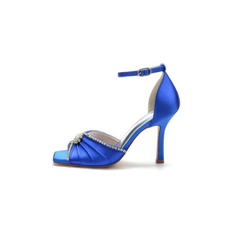 Satin Square OpenToe Stiletto Heels With Rhinestone