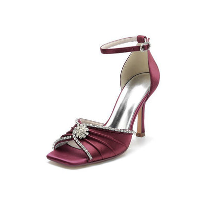 Satin Square OpenToe Stiletto Heels With Rhinestone