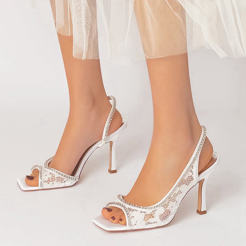 Square PeepToe Beaded Lace Wedding Shoes