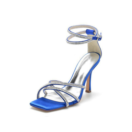 Square Open-Toe Beaded Strap Buckle Stiletto Heels
