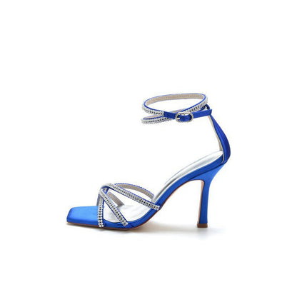 Square Open-Toe Beaded Strap Buckle Stiletto Heels