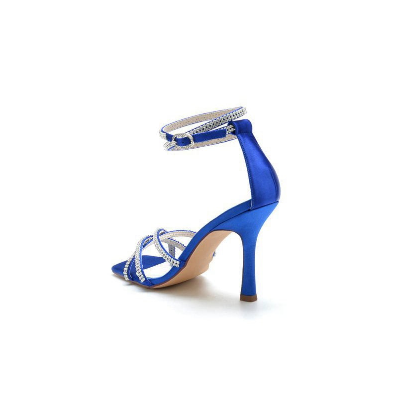 Square Open-Toe Beaded Strap Buckle Stiletto Heels