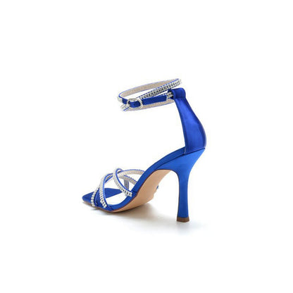 Square Open-Toe Beaded Strap Buckle Stiletto Heels