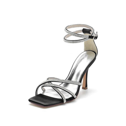 Square Open-Toe Beaded Strap Buckle Stiletto Heels
