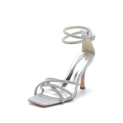Square Open-Toe Beaded Strap Buckle Stiletto Heels