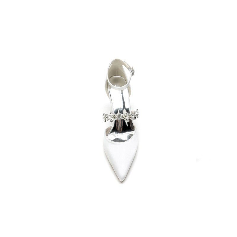 Satin Pointed Toe Rhinestone Strappy Chunky Heels
