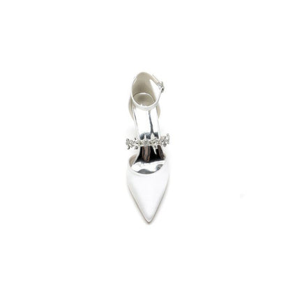 Satin Pointed Toe Rhinestone Strappy Chunky Heels