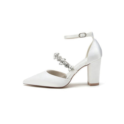 Satin Pointed Toe Rhinestone Strappy Chunky Heels