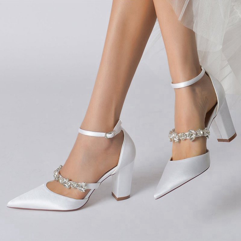 Satin Pointed Toe Rhinestone Strappy Chunky Heels