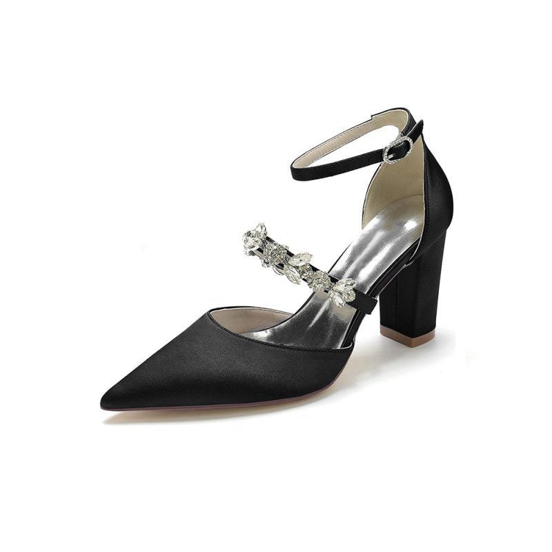 Satin Pointed Toe Rhinestone Strappy Chunky Heels