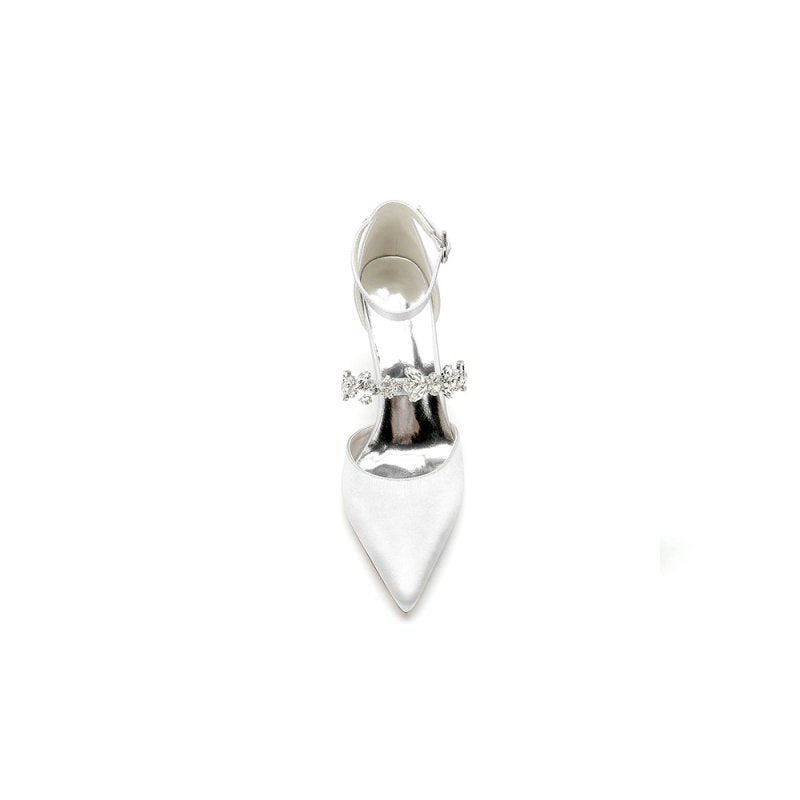 Satin Pointed Toe Rhinestone Strappy Chunky Heels