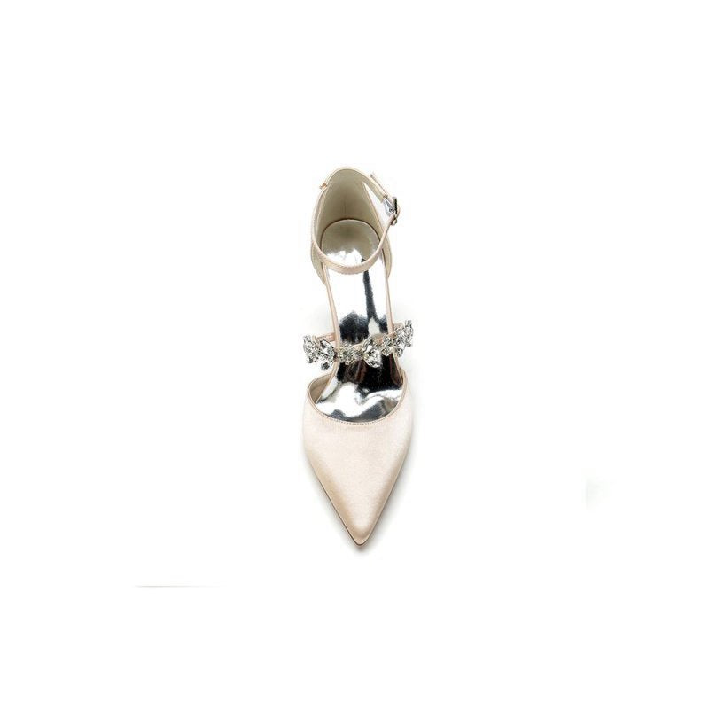 Satin Pointed Toe Rhinestone Strappy Chunky Heels