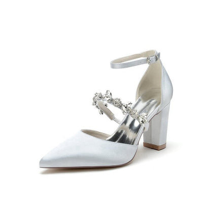 Satin Pointed Toe Rhinestone Strappy Chunky Heels