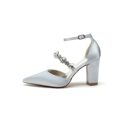 Satin Pointed Toe Rhinestone Strappy Chunky Heels
