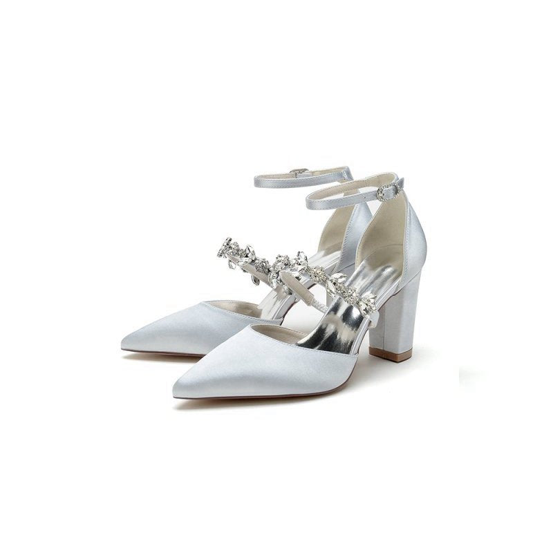 Satin Pointed Toe Rhinestone Strappy Chunky Heels