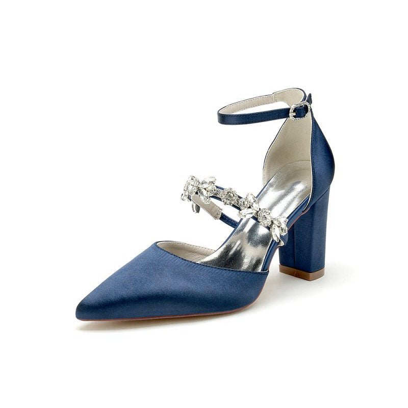 Satin Pointed Toe Rhinestone Strappy Chunky Heels