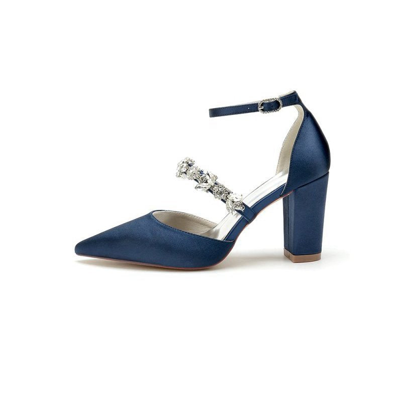 Satin Pointed Toe Rhinestone Strappy Chunky Heels
