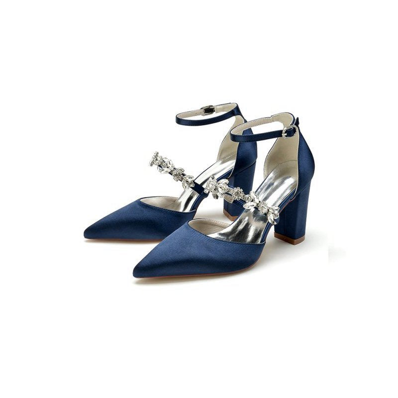 Satin Pointed Toe Rhinestone Strappy Chunky Heels