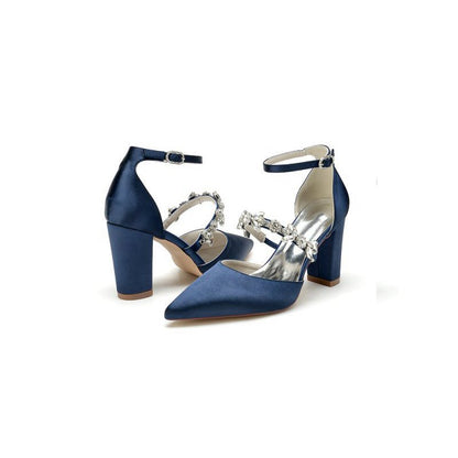 Satin Pointed Toe Rhinestone Strappy Chunky Heels
