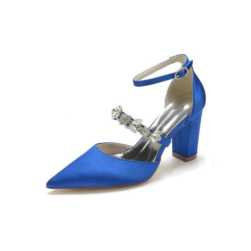 Satin Pointed Toe Rhinestone Strappy Chunky Heels